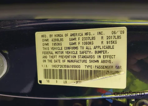 2009 Honda Accord 2.4 Lx from USA, damaged, VIN 1HGCP26359A165900